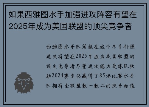 如果西雅图水手加强进攻阵容有望在2025年成为美国联盟的顶尖竞争者